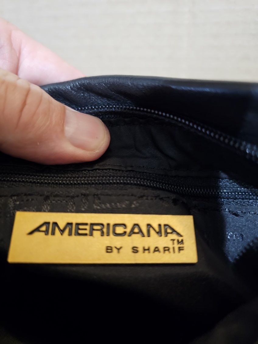 Americana by Sharif Black Leather Crossbody Purse Bag Gold Accents 8×9 Inches