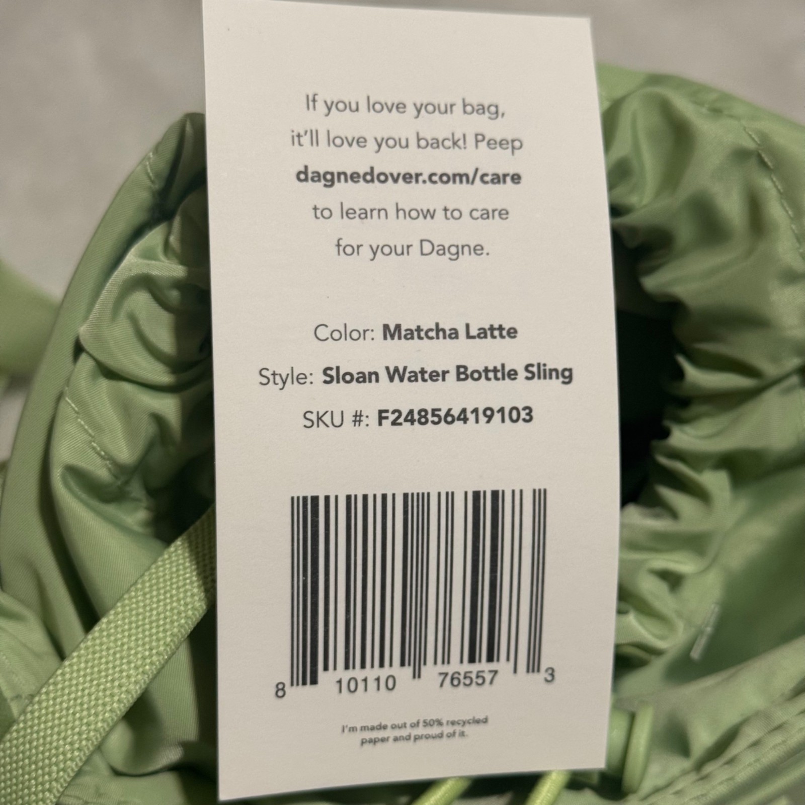 Dagne Dover Sloan Water Bottle Sling In Matcha Latte With Adjustable Strap