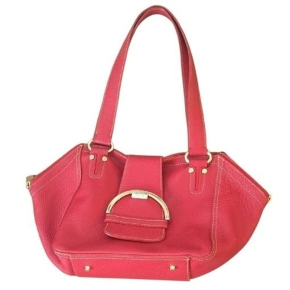 Vintage Bright Red Leather Chunky Handbag Purse Shoulder Bag Satchel Gold Buckle