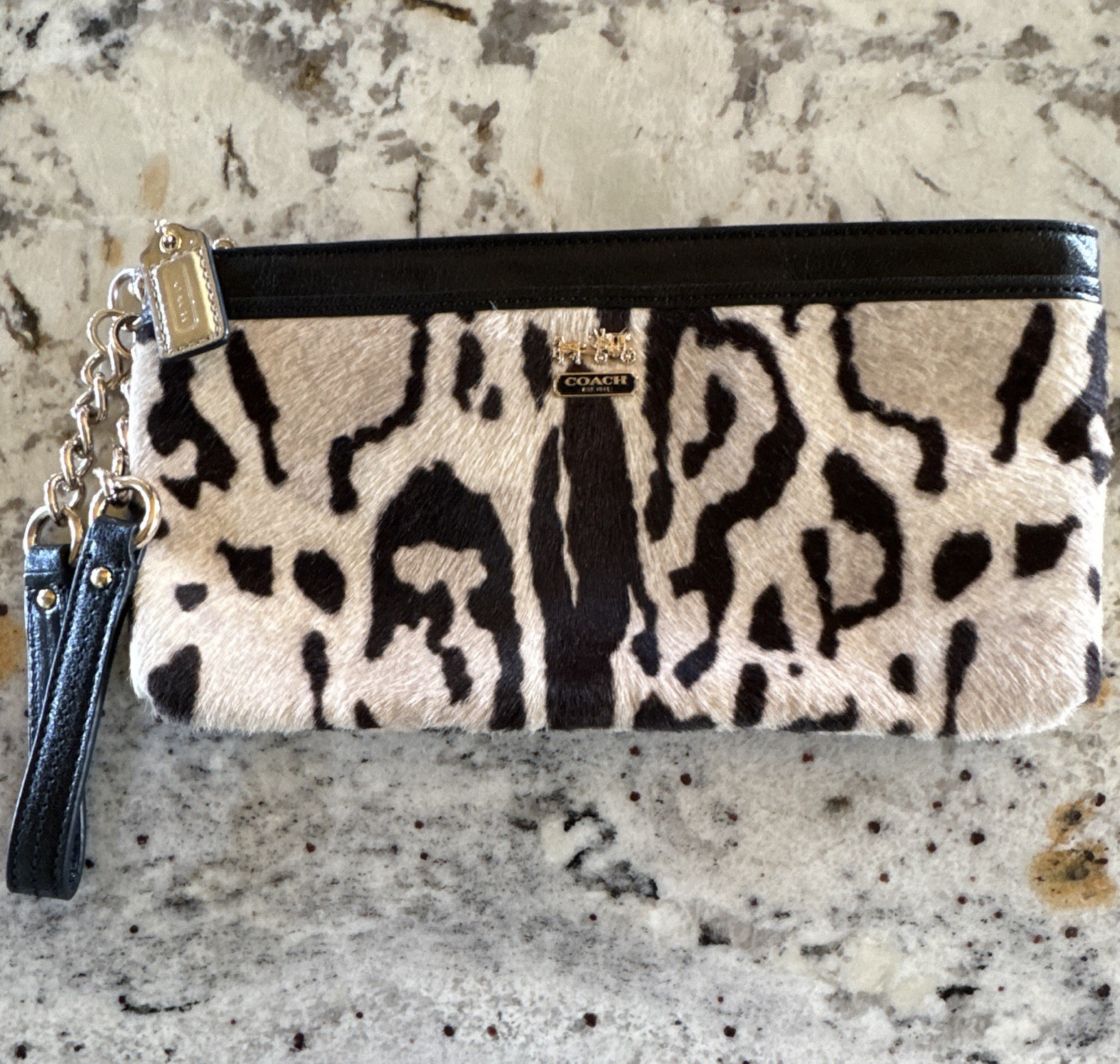 Coach Animal Print Zip Wristlet Pouch Clutch w/ Wrist Strap Beige Black