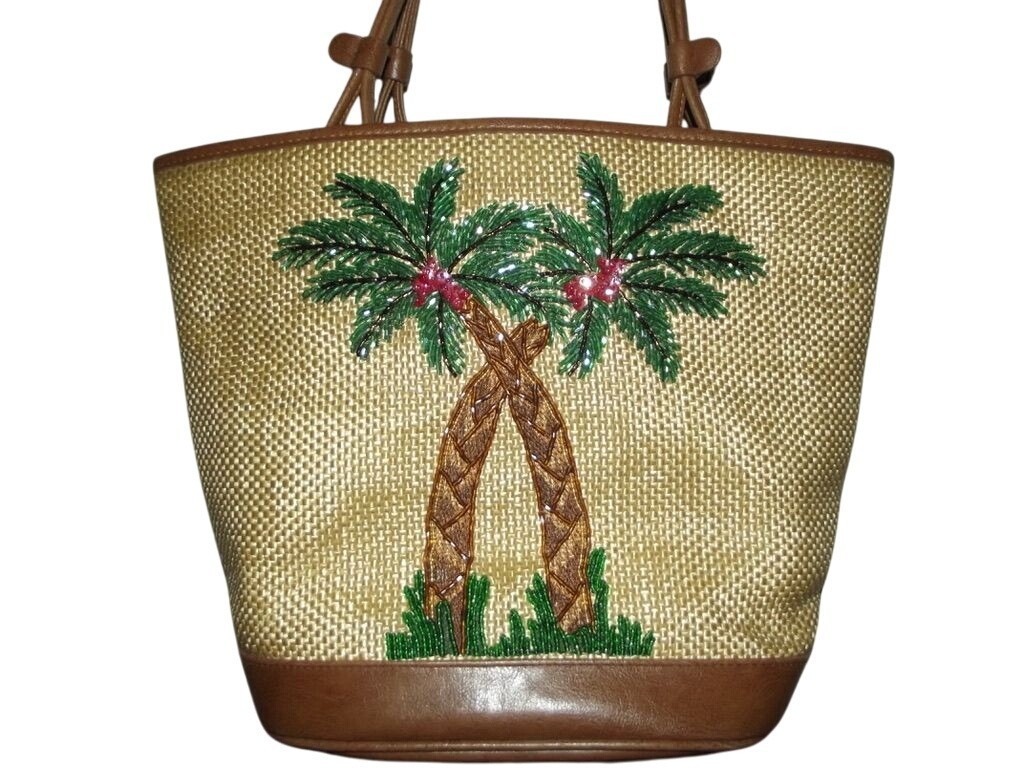 Denim & Co. Tan Woven Beaded Palm Tree Purse Tote Bag Straw Purse Style