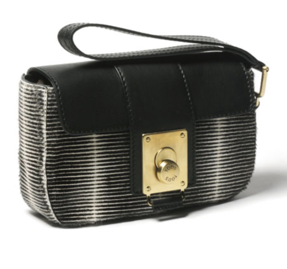 Tod’s 2011 Calfskin LeatherStriped Wristlet Clutch Turn Lock D Bag
