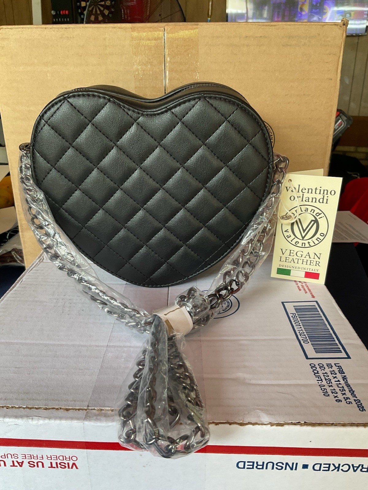 Valentino Orlandi Black Heart Quilted Crossbody Bag Detachable Chain Strap