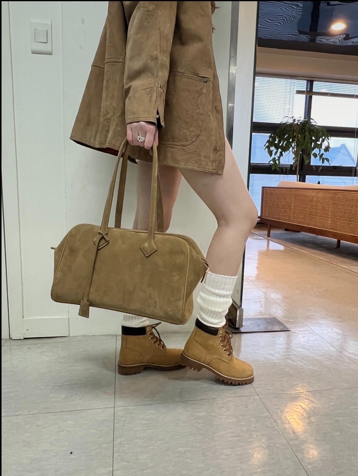 Genuine Cowhide Suede Leather Camel Shoulder Bag Minimal Classic 33cm