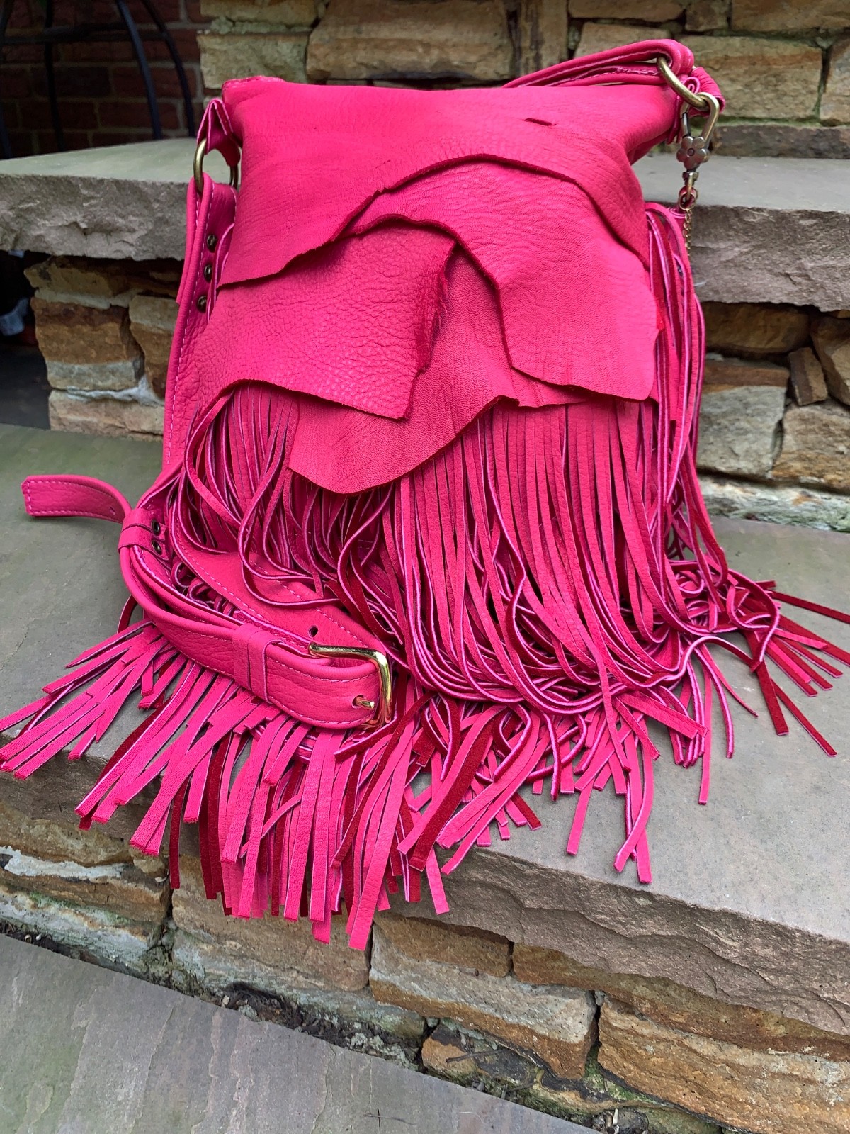 Soft HOT PINK Deerskin, beads, BOHO long fringe crossbody bag USA!