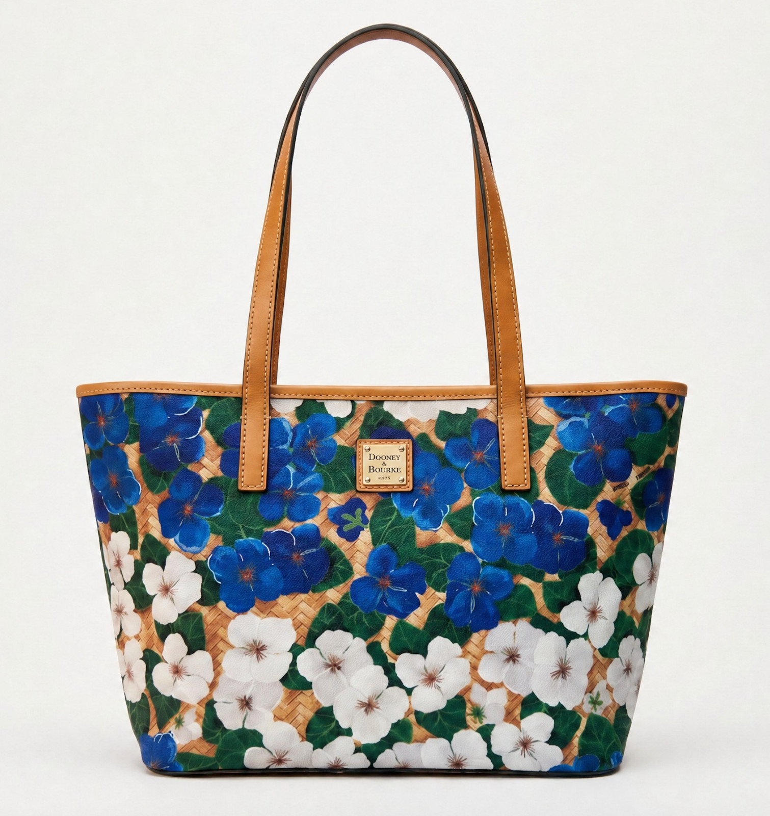 Dooney & Bourke Blue White Peony Floral Tote NWOT Leather Trim Zip Top