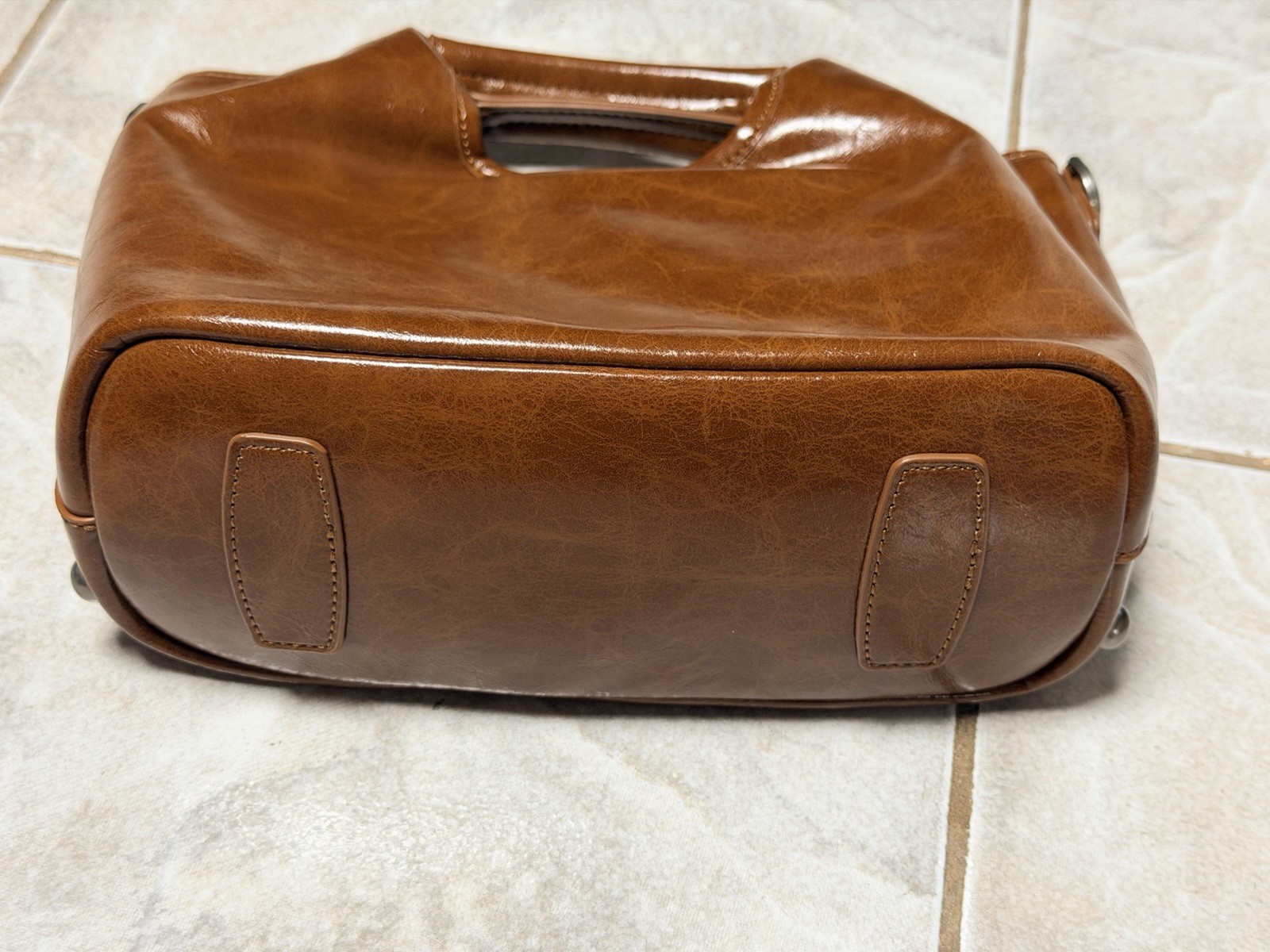 Brown Cowhide Leather Studded Satchel Top Handle Chain Silver Zip Magnetic Pouch