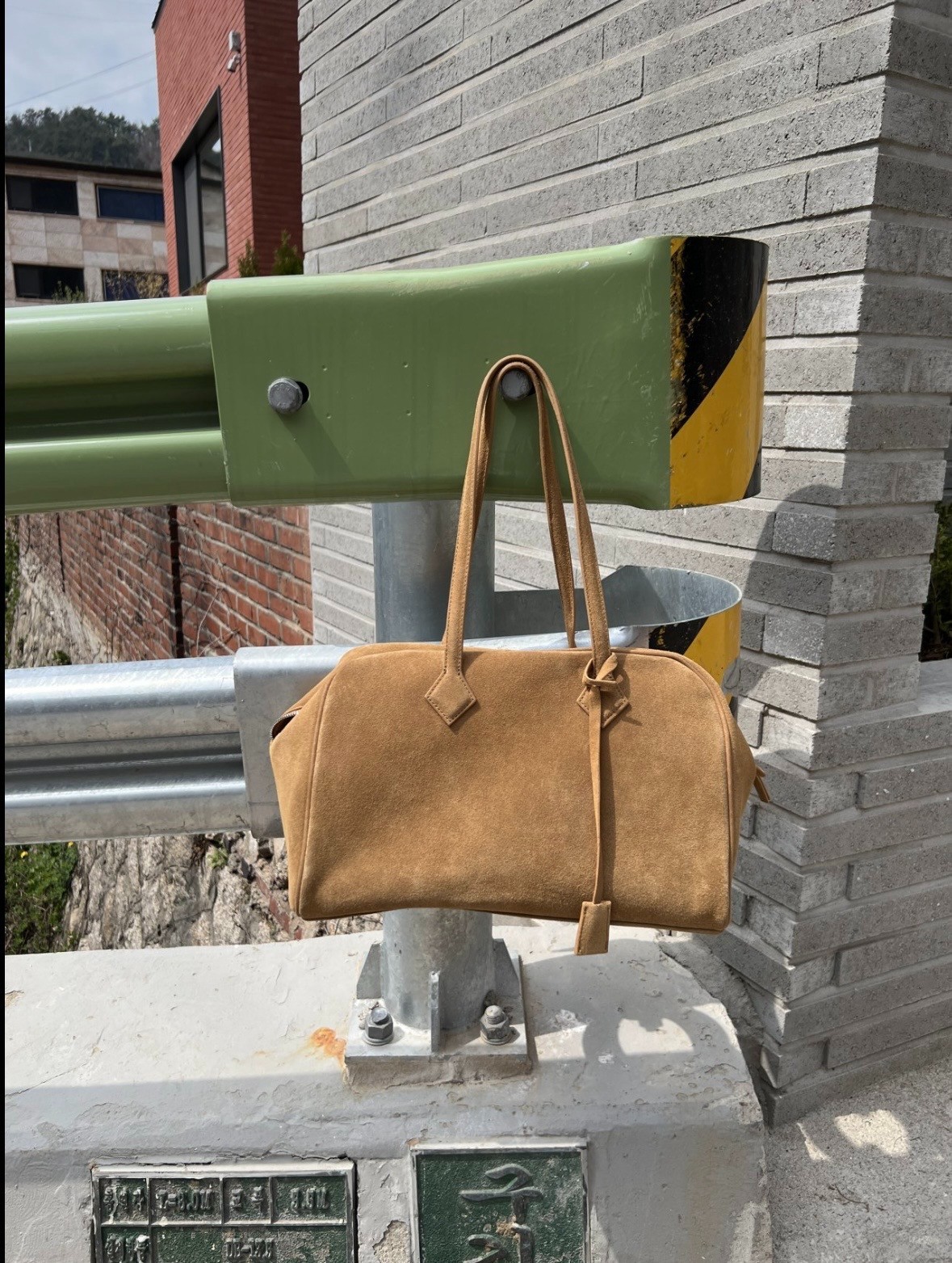 Genuine Cowhide Suede Leather Camel Shoulder Bag Minimal Classic 33cm