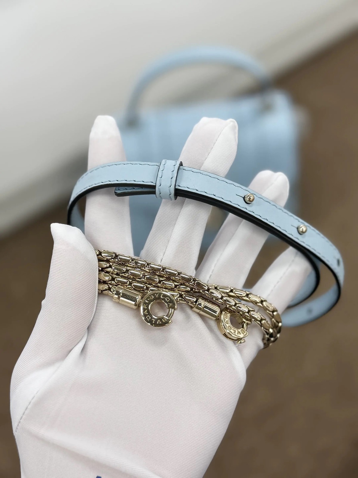 AUTH Bvlgari Serpenti Forever Ice Blue Small Top Handle Bag