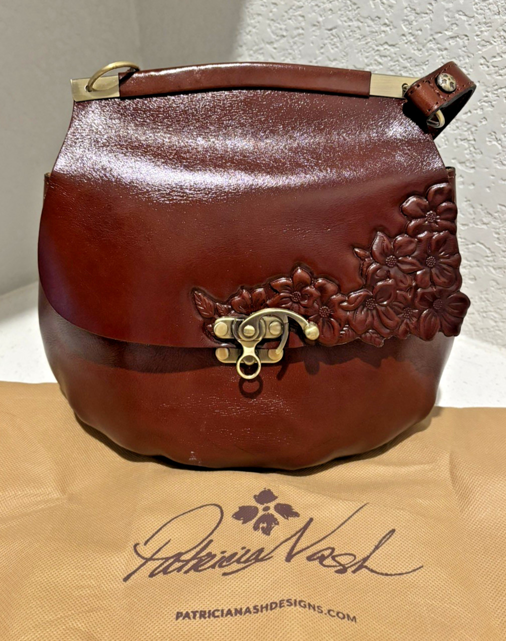 Patricia Nash Leather Crossbody Bag Embossed Floral Brass Latch with Dust Bag