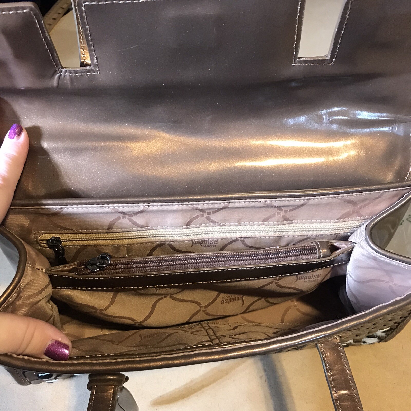 WOMEN’S IMPULSE BY SHARIF BRONZE PATENT LEATHER BASKET WEAVE WITH CALF HAIR BAG