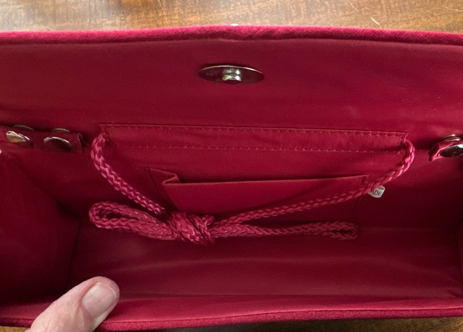 Red Pleated Clutch Purse Rhinestone Accent Detachable Strap Magnetic Snap Lined