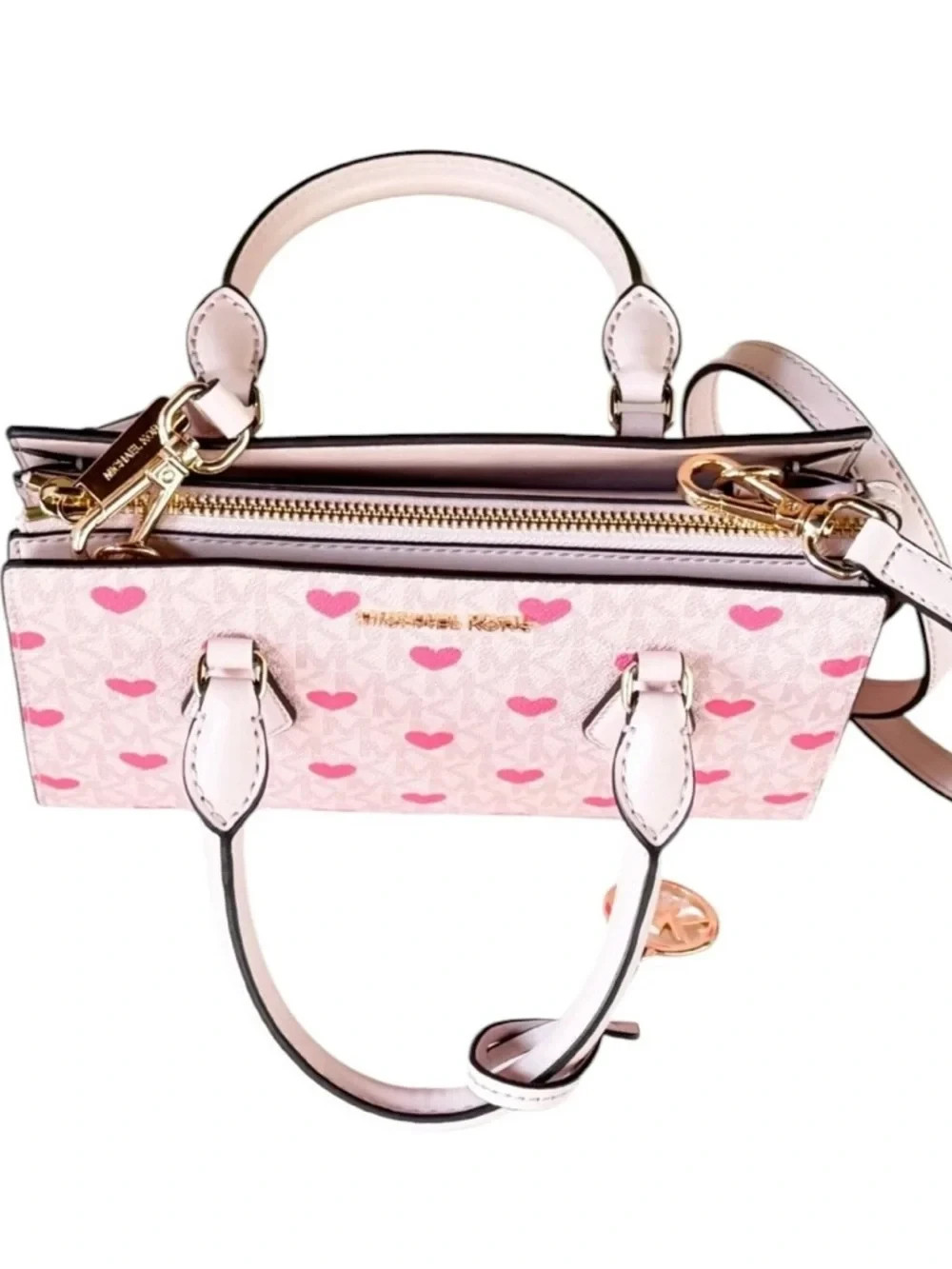 Michael Kors Sheila Crossbody Bag Heart Print Satchel Wallet Set Powder Blush