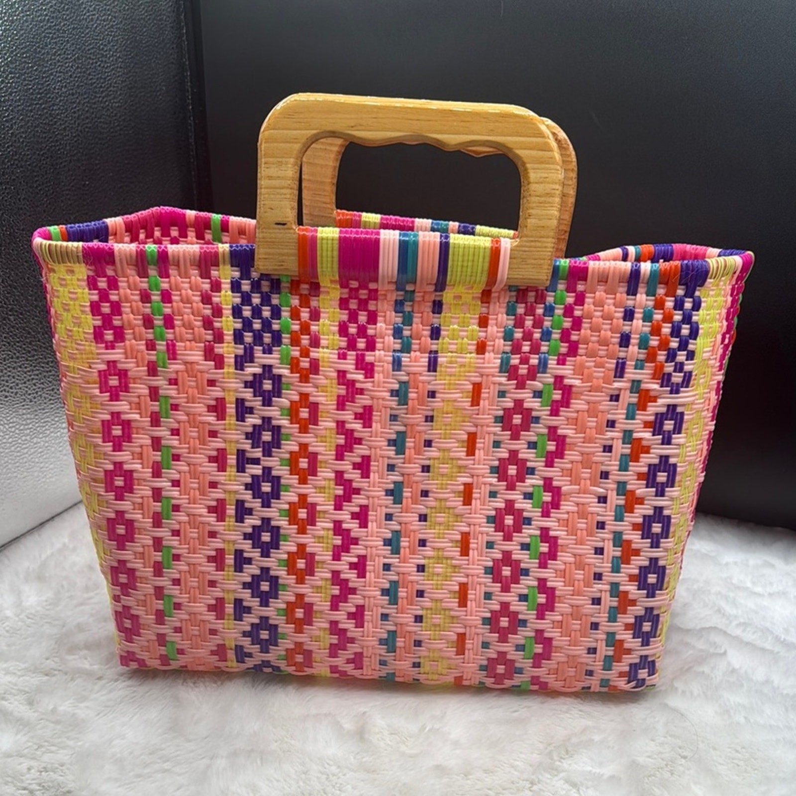 Colorful Woven Tote Bag with Wooden Handles