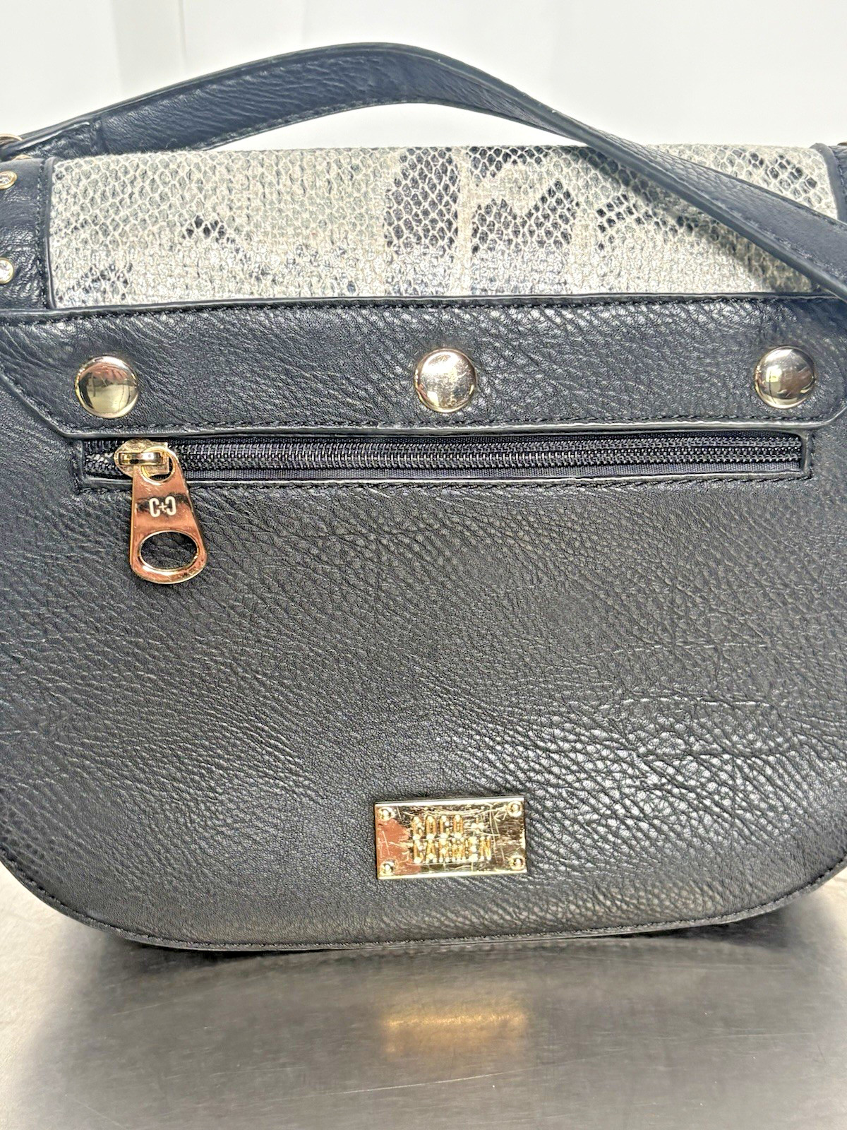 CocoAndCarmen Rhinestone Studded Purse Black/Animal Print Detachable Flap