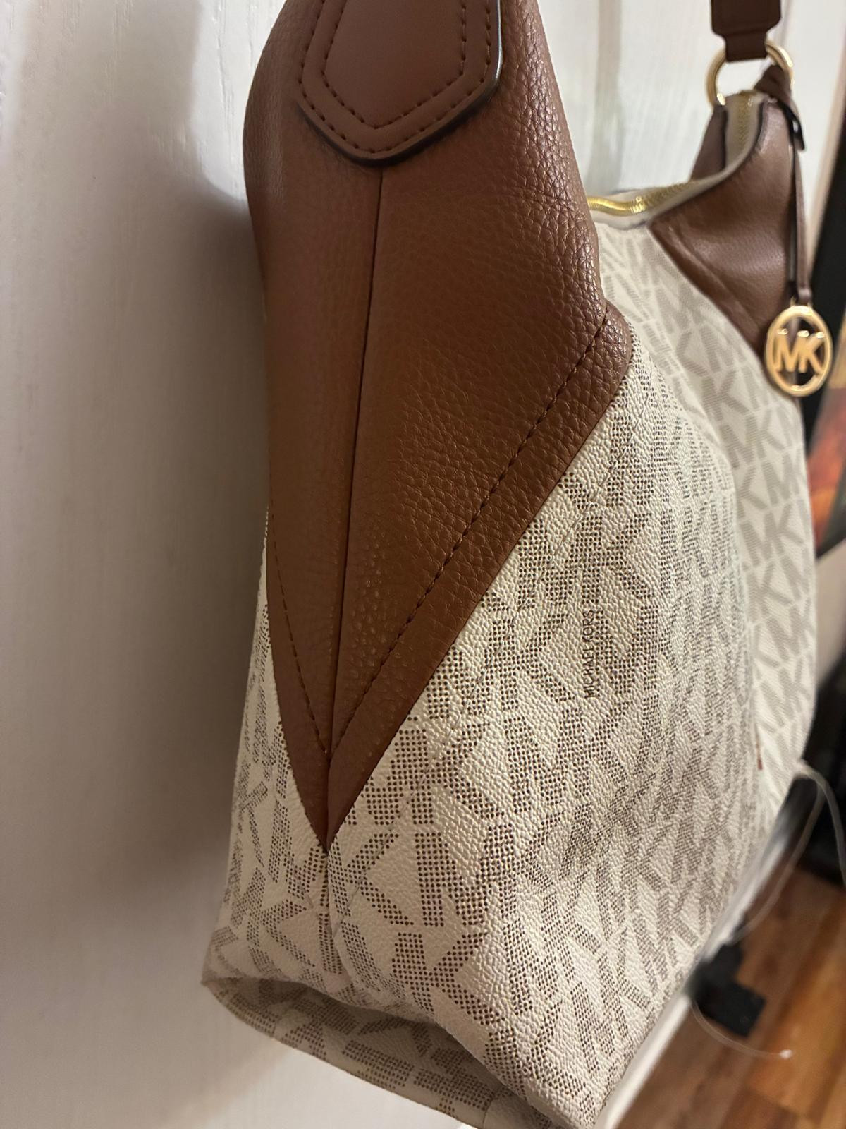 Michael Kors MK Signature Vanilla Brown Hobo Shoulder Bag Gold Charm 🔥FAST SHIP