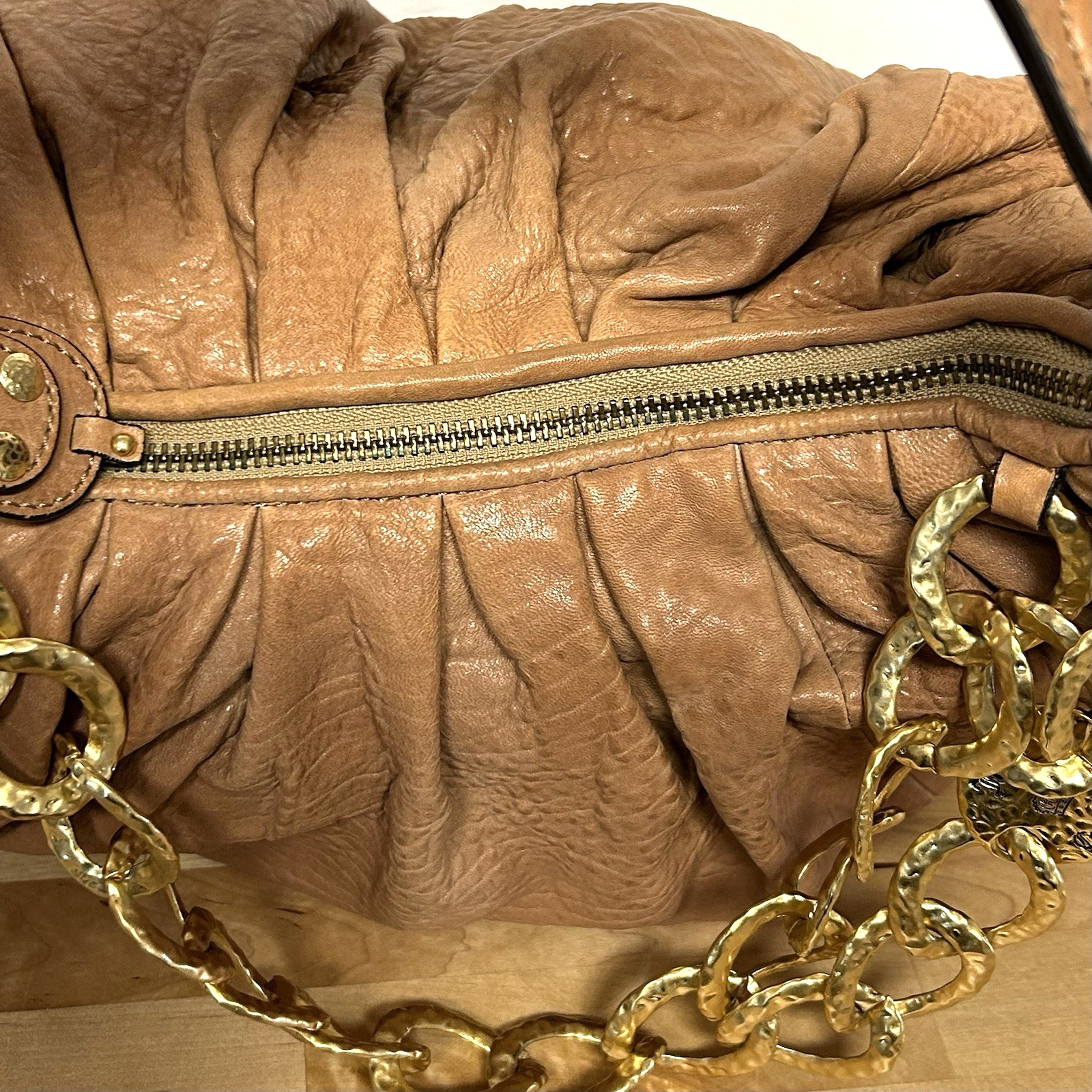 Vtg Juicy Couture Slouchy Leather Hobo Bag Brown Chunky Gold Chain Boho 90s Y2K