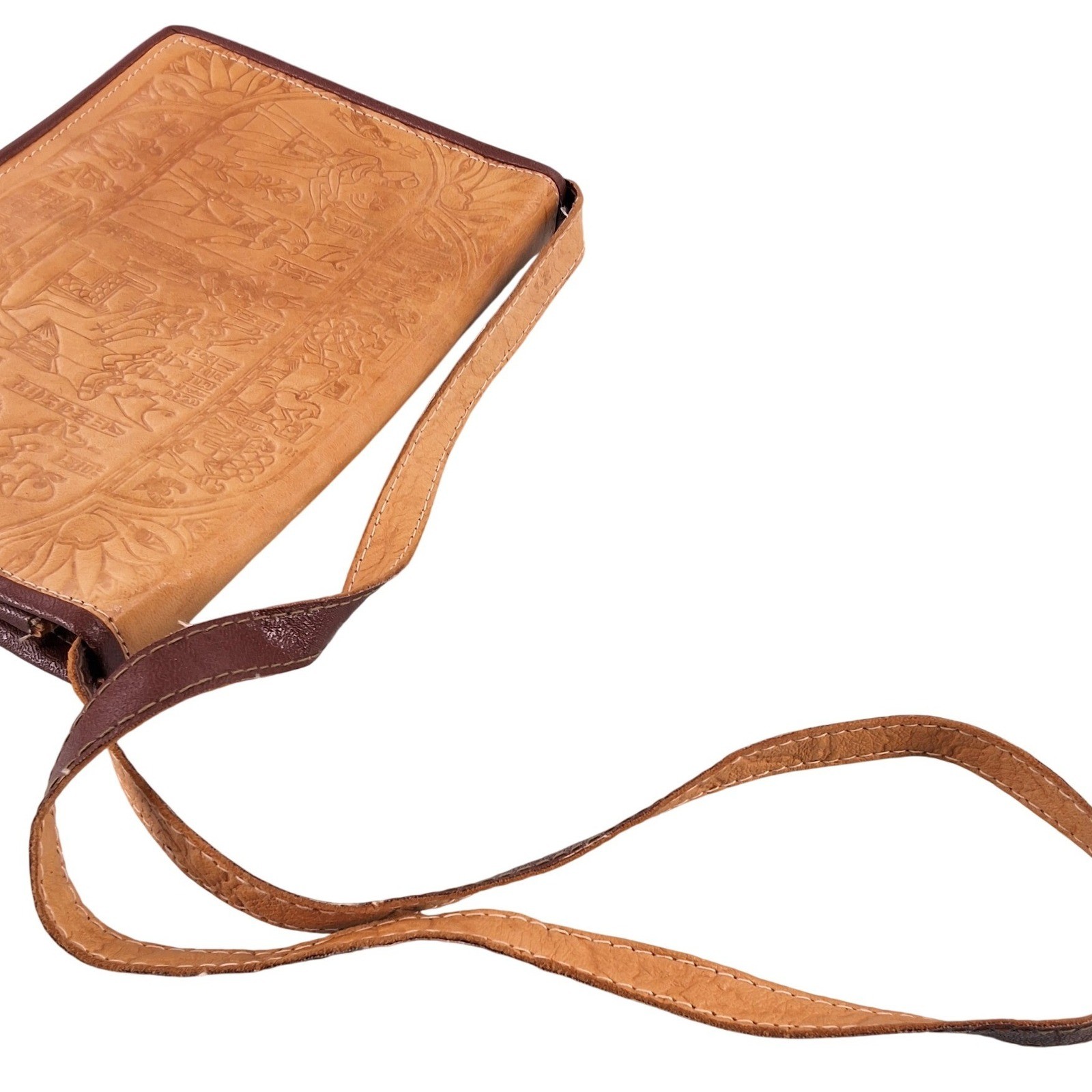 Vintage Tooled Leather Egyptian Queen Nefertiti Crossbody Bag Tan Brown Clutch