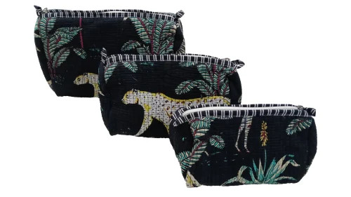 Set of 3 Hand Block Print Cotton Toiletry Bag Quilted Travel Pouches Black