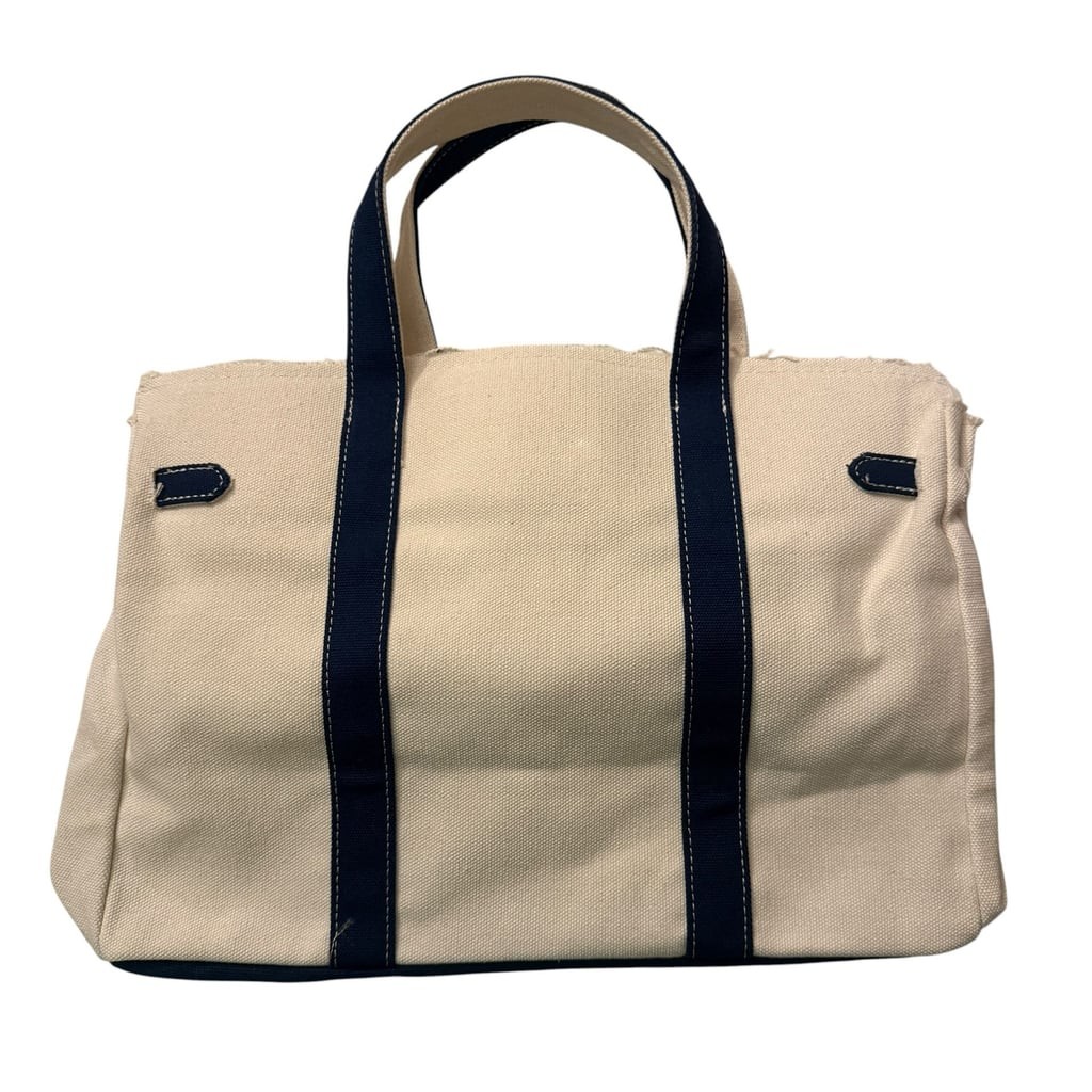Canvas Boatkin Tote Bag in Natural and Navy with Gold Lock Hardware