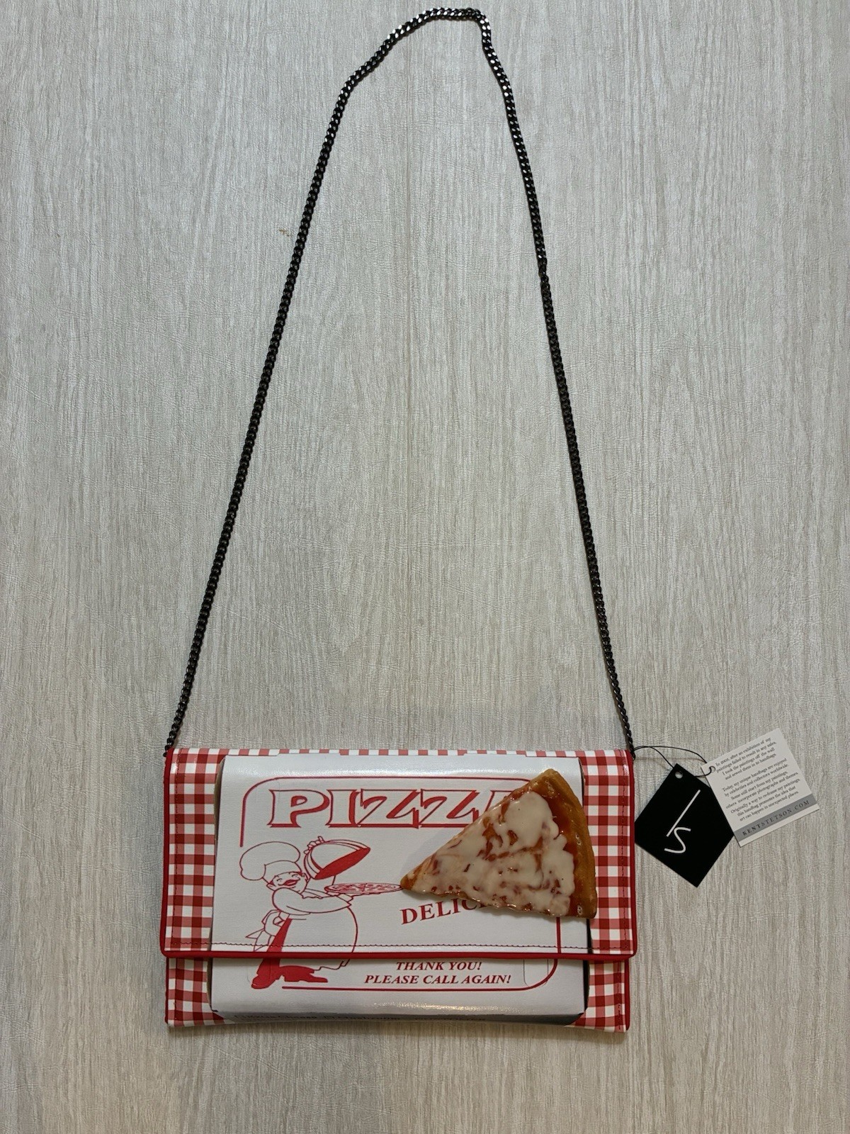 Kent Stetson Pizza Box Gingham Crossbody Bag Red/White Chain Strap Magnetic