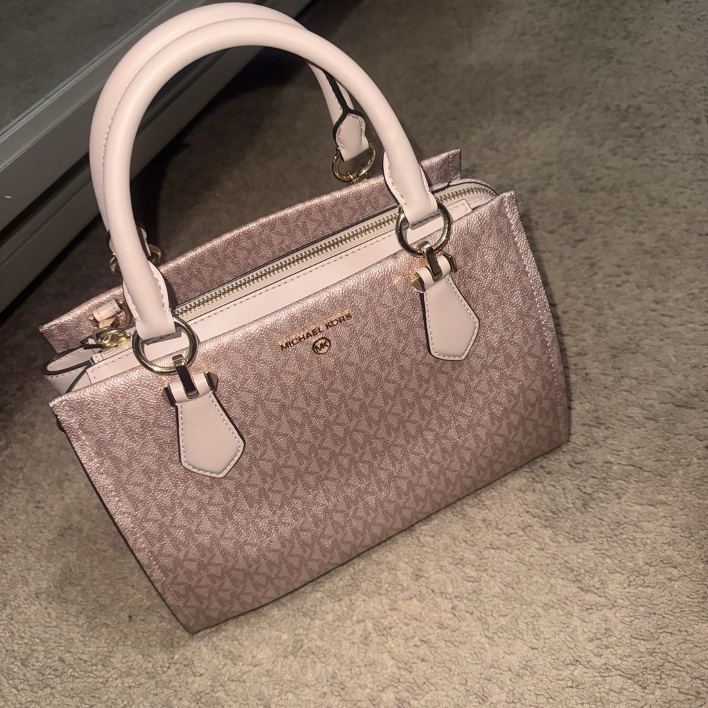 Michael Kors Logo Satchel Top Handle Bag Brown/Beige Zip Gold Hardware Medium