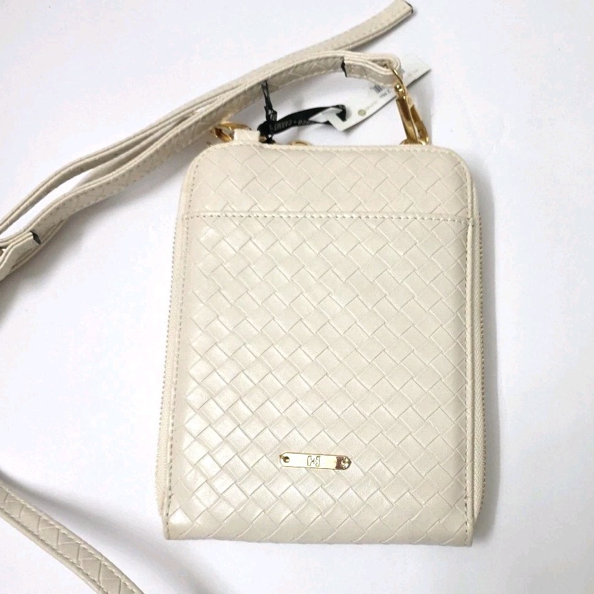 Coco+Carmen Cream Crossbody Organizer Wallet Purse Herringbone Adjustable Strap