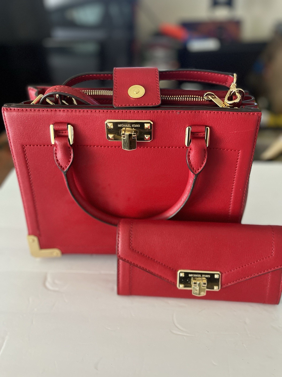 Michael Kors Red Leather Purse and Wallet Set with Matching Wallet