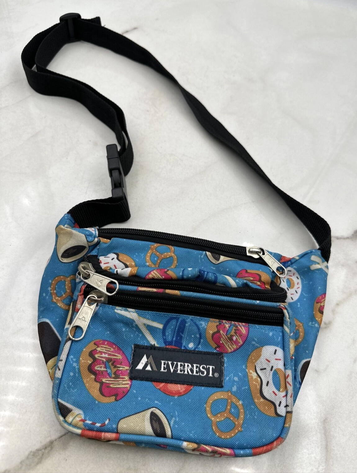 Everest Fanny Pack Bag Lollipop Donuts Coffee Pretzels All Over Print Blue