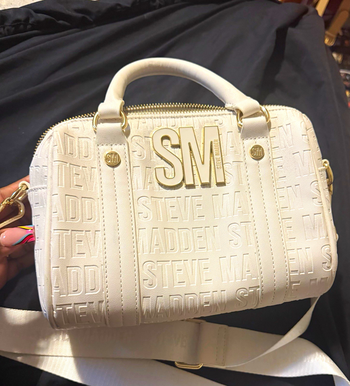 Steve Madden White Embossed Logo Satchel Zip Top Handle Detachable Crossbody