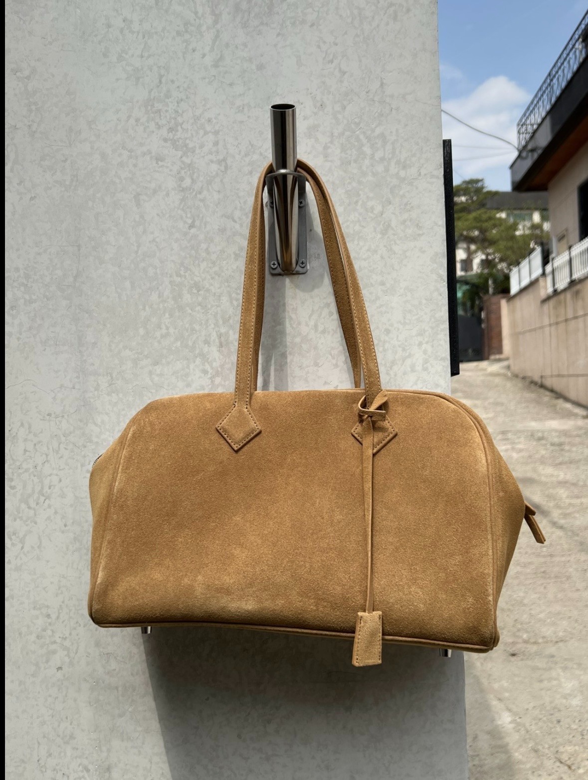 Genuine Cowhide Suede Leather Camel Shoulder Bag Minimal Classic 33cm