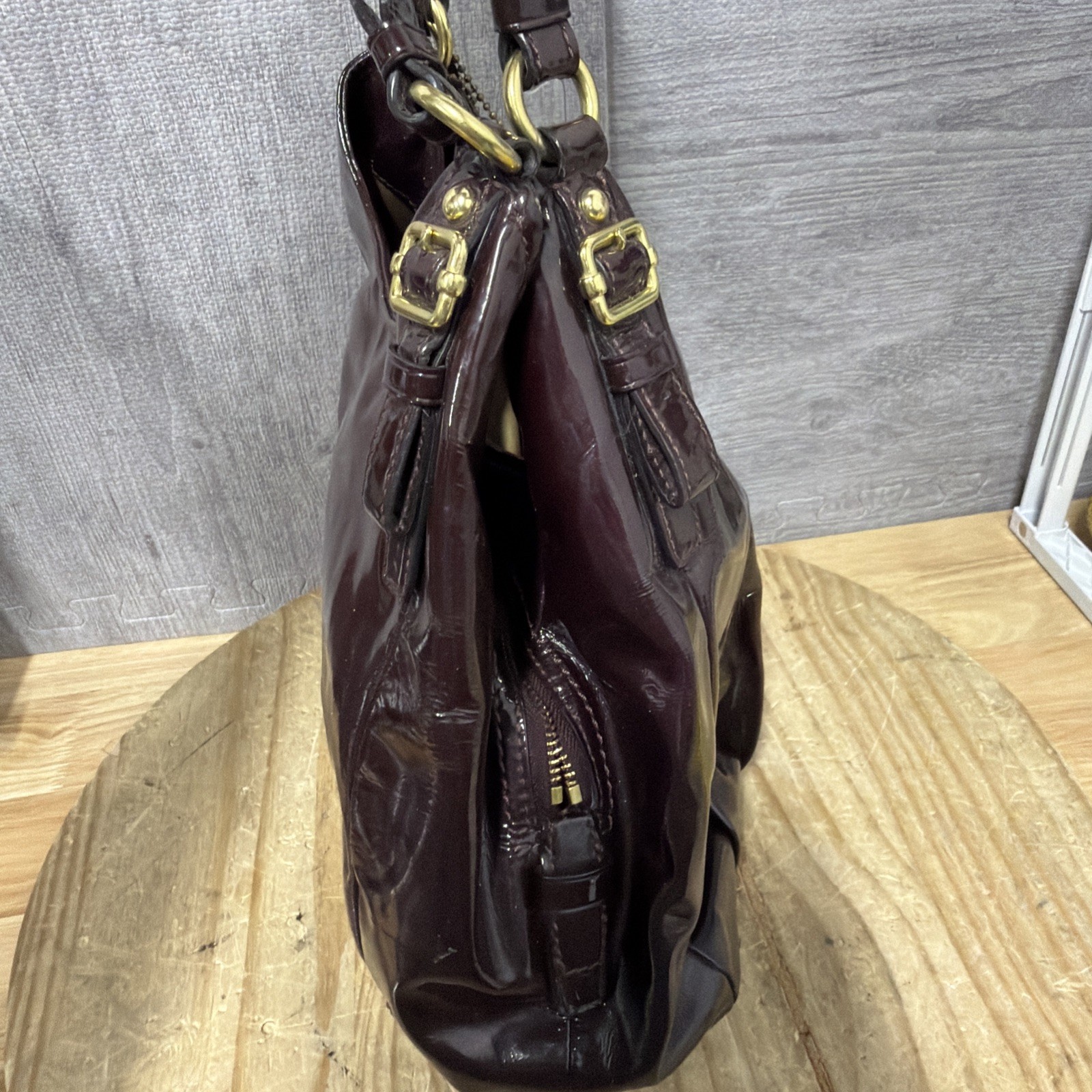 Coach 18760 Madison Maggie Plum Purple Patent Leather Hobo Shoulder Bag