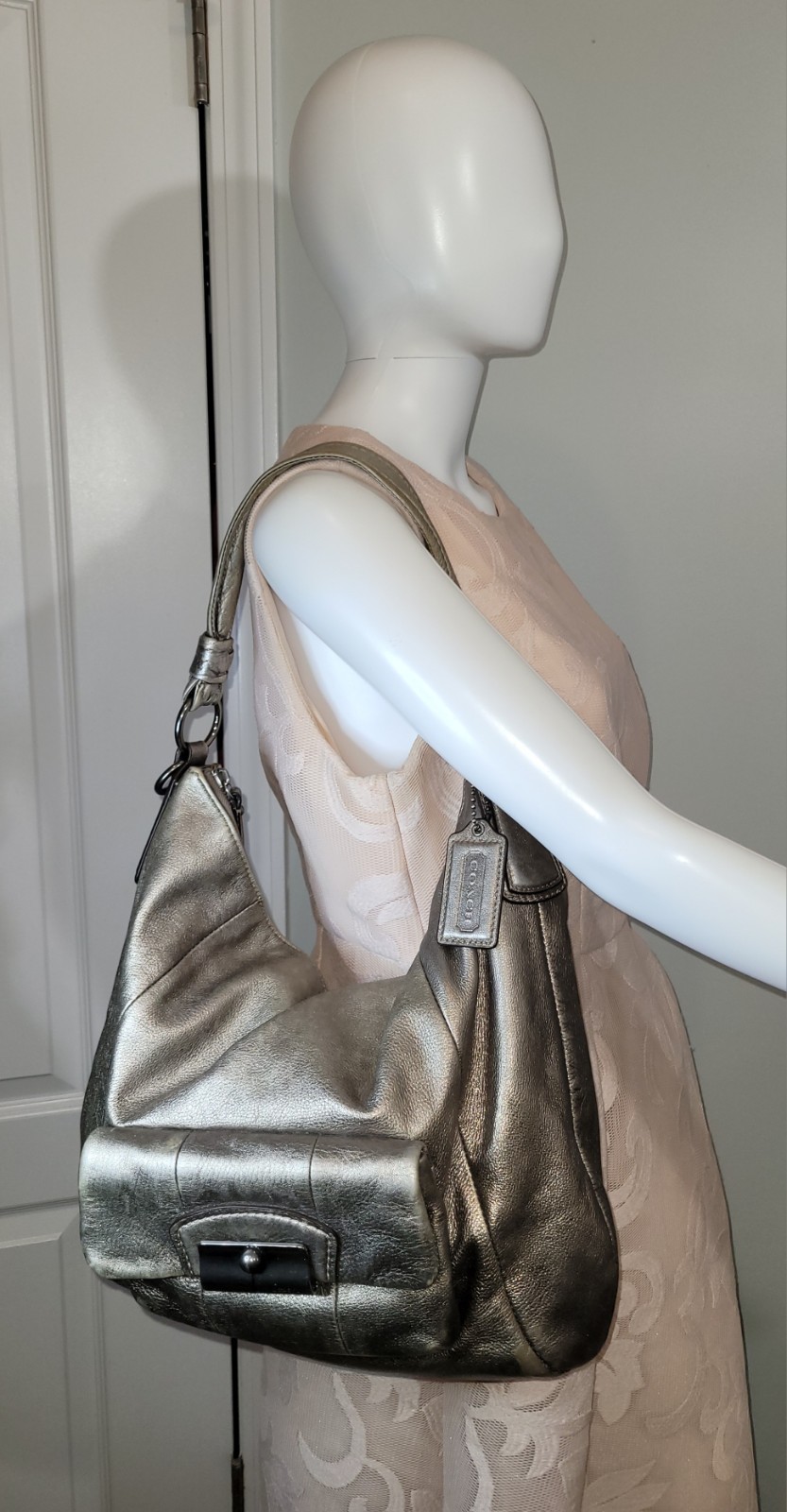 Coach Kristin Metallic Pewter Leather Hobo Crossbody Bag Shoulder Purse 14768