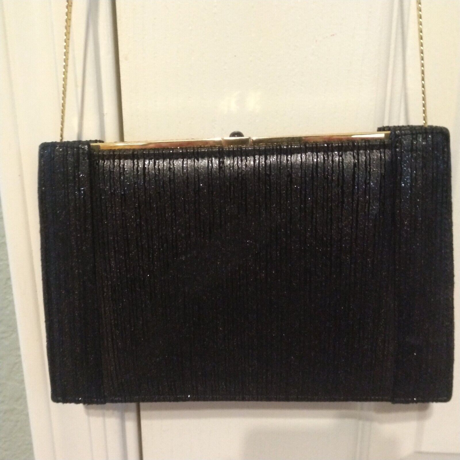 Rare ASHNEIL Black Shoulder Bag Clutch gold sparkle top purse Button Open EUC!!