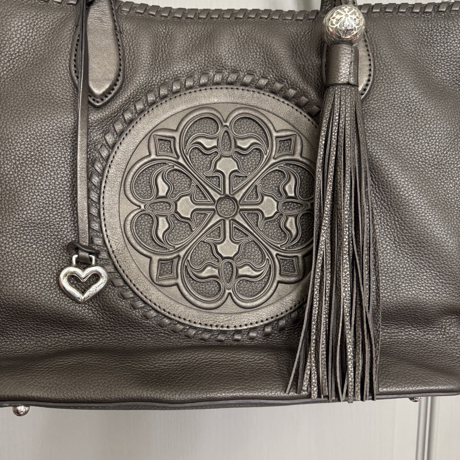 BRIGHTON FERRARA COLLECTION PEWTER GABRIELLA MEDALLION TASSELED TOTE PURSE