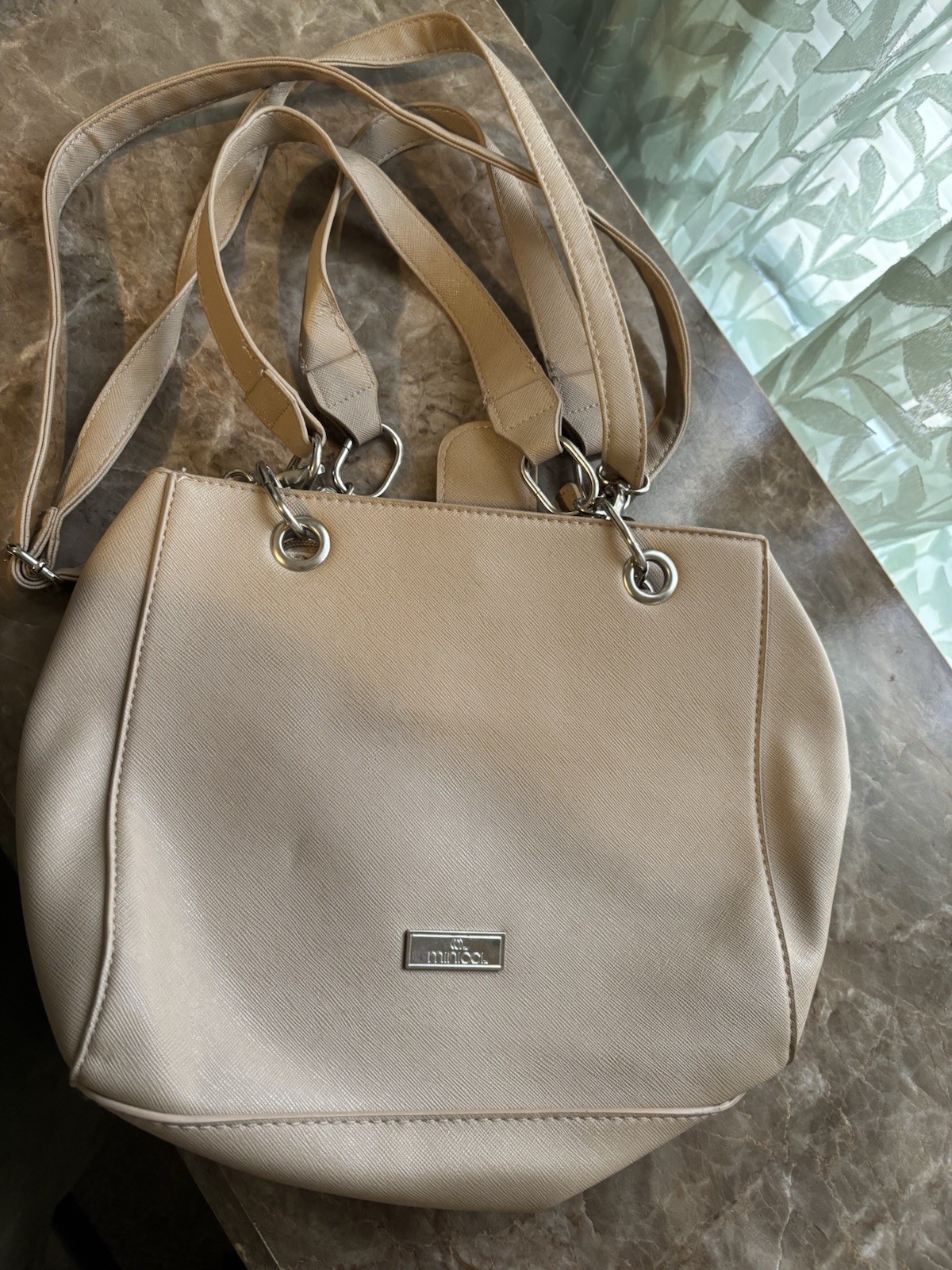 Minicci Women’s Beige Shoulder Bag Silver Hardware Zip Closure Zipper Accent