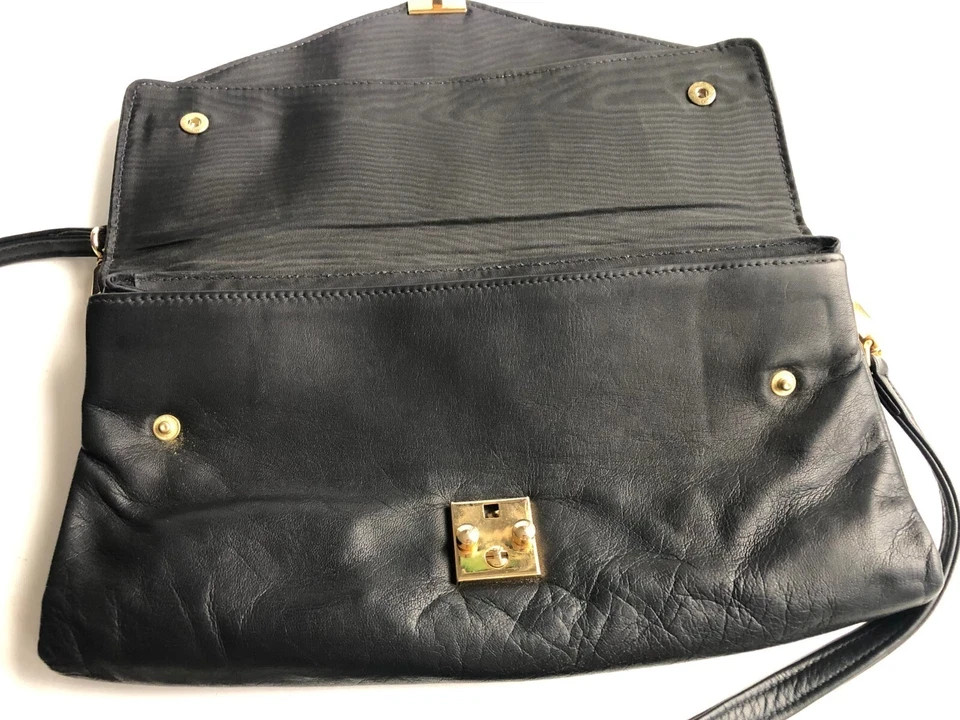 Ladies Clutch Black Calf Leather Shoulder Bag Handbag Evening Bag