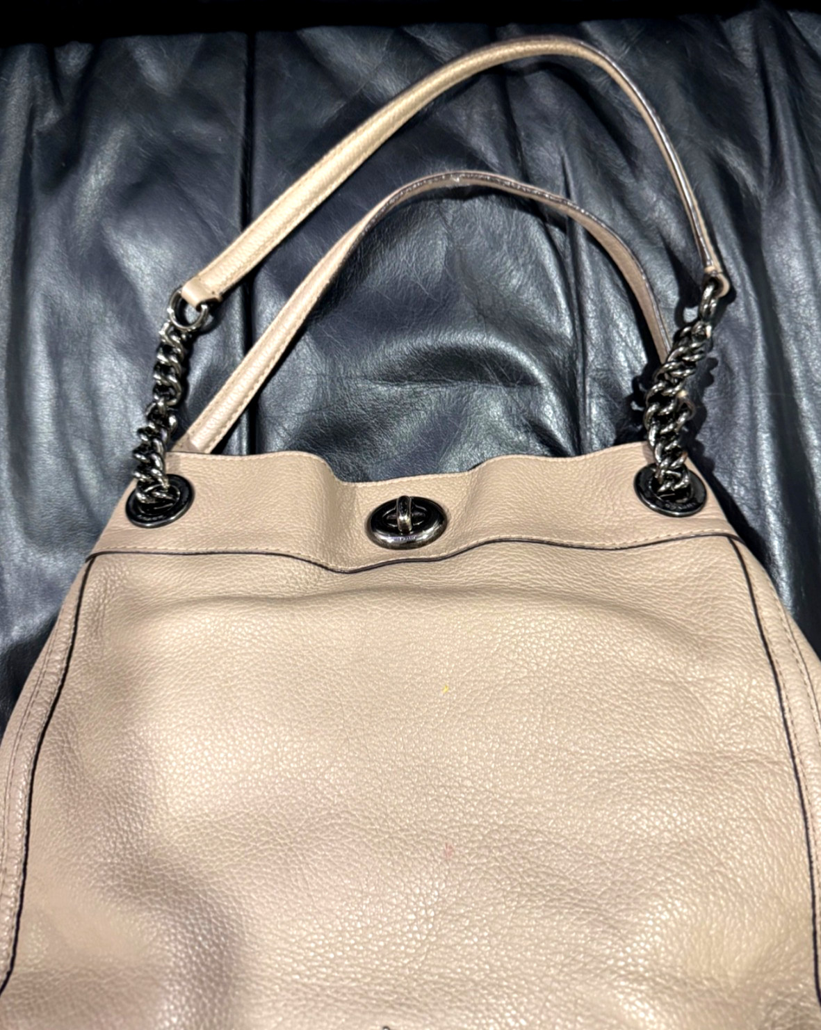 Coach 36855 Turnlock Edie Taupe Pebble Leather Shoulder Bag.