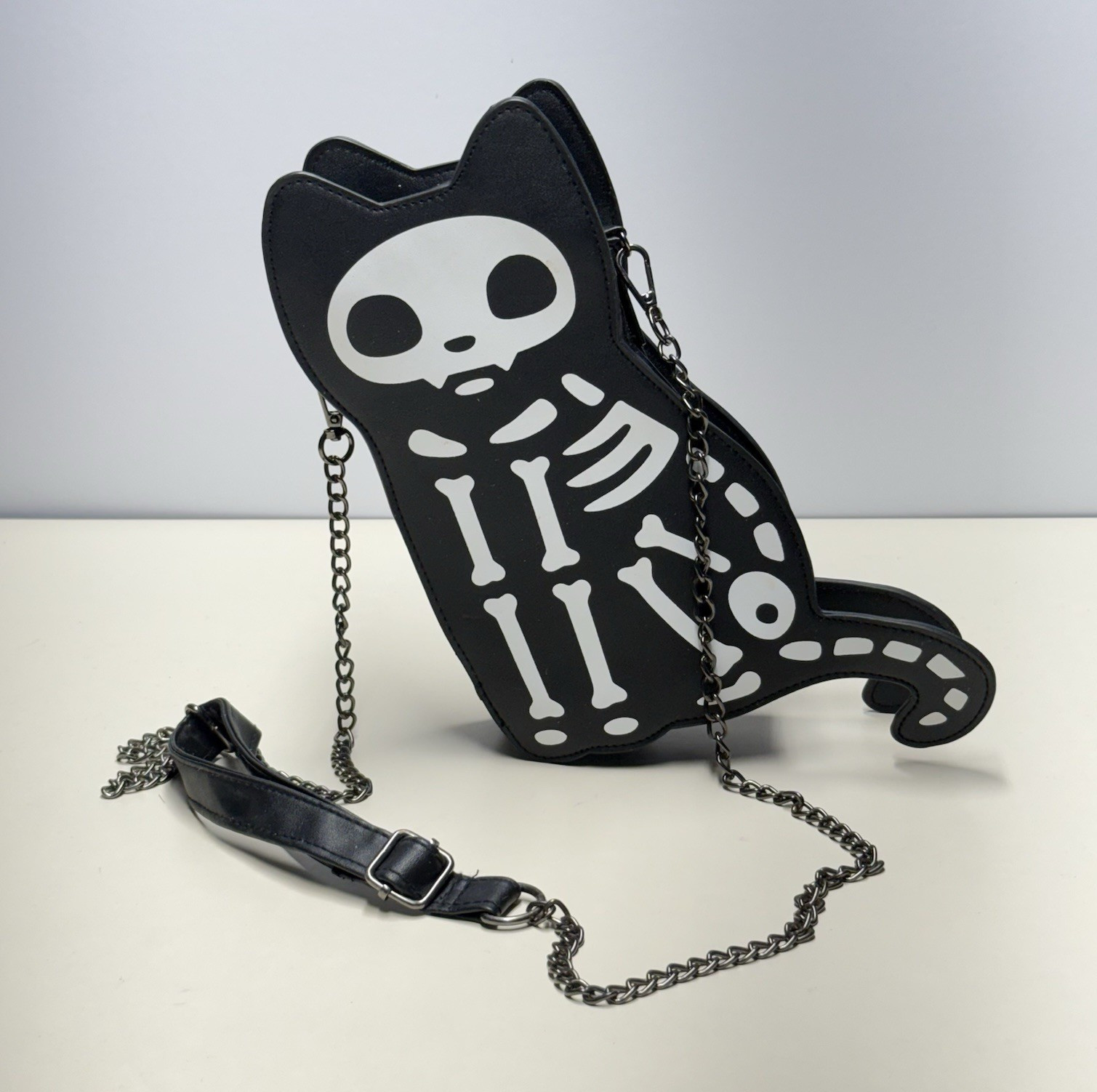 Black Cat Skeleton Gothic Crossbody Bag Chain Strap Zip Adjustable