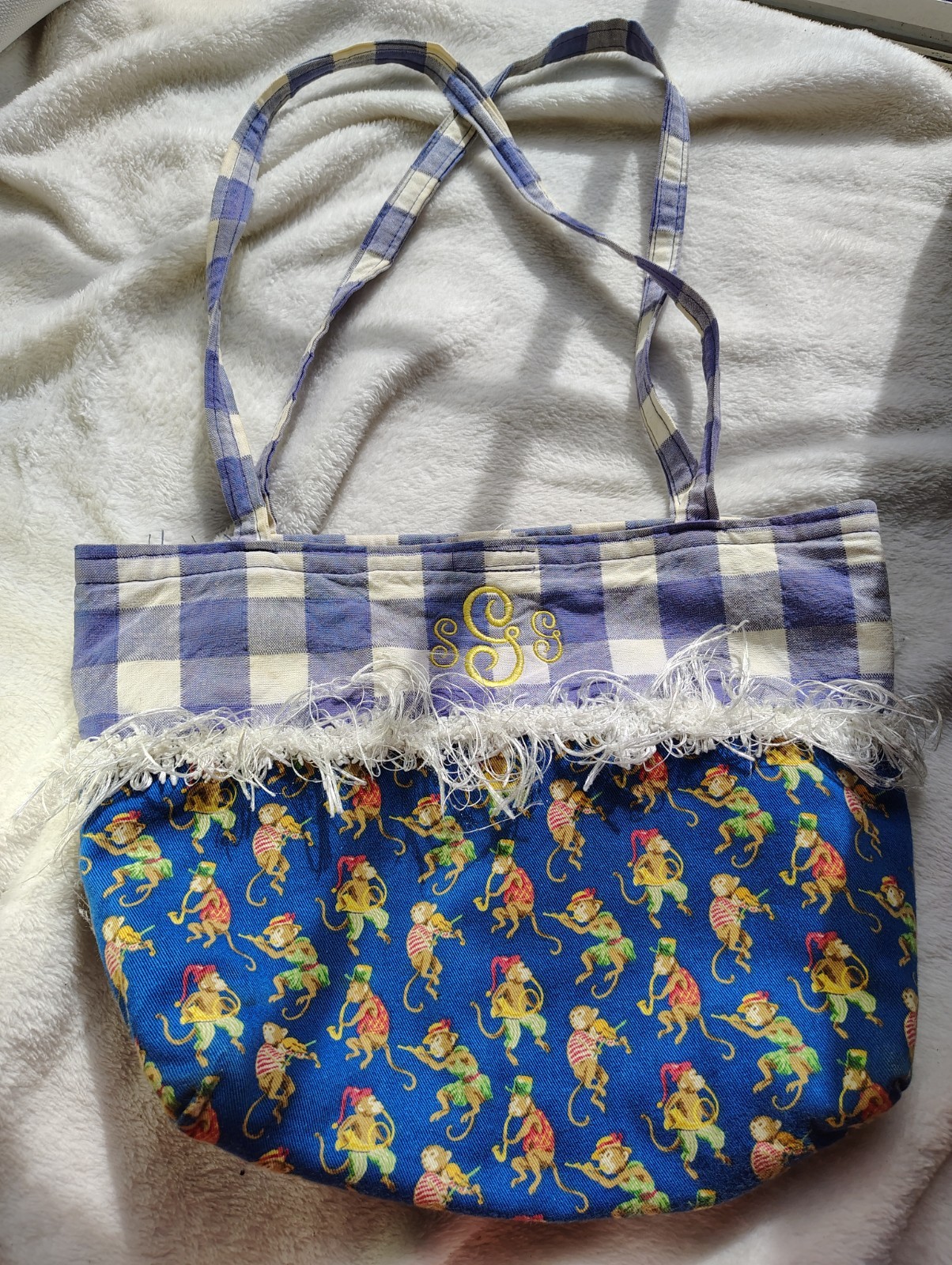 Handmade Monogram “S” Monkey Print Tote Bag Blue Gingham Fringe Shoulder Purse