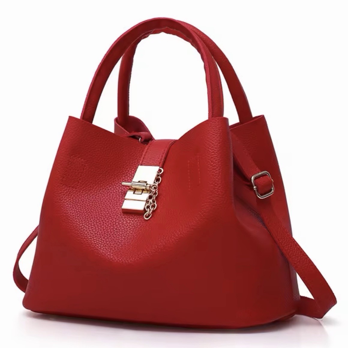 Women’s Red Satchel Top Handle Bag w/ Buckle, Chain, Detachable Strap