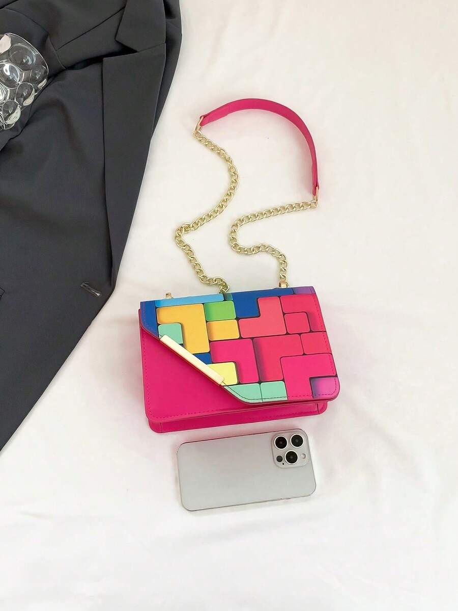 Mini Colorblock Ruched Crossbody Bag Women Metal Chain Shoulder Square Purse