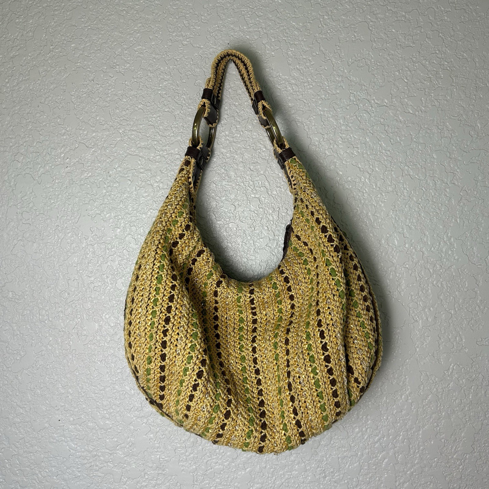 Vintage Isabella Fiore Woven Crochet Hobo Crescent Floral Shoulder Bag