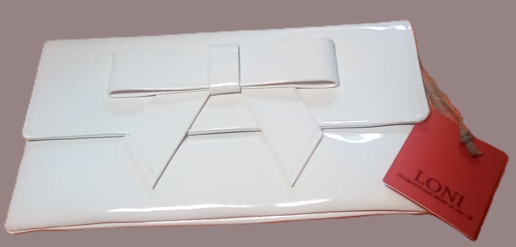 Loni white bow Faux Patent Leather Clutch Shoulder Bag with Detachable Strap