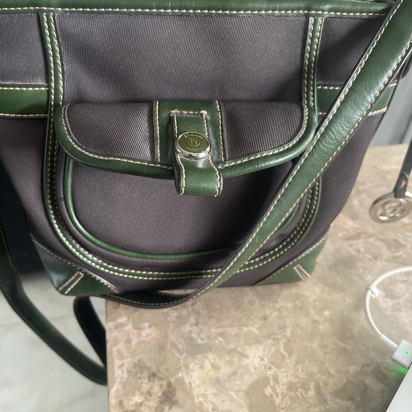 Etienne Aigner Women’s Shoulder Bag Green Brown Medium Leather Business Classic