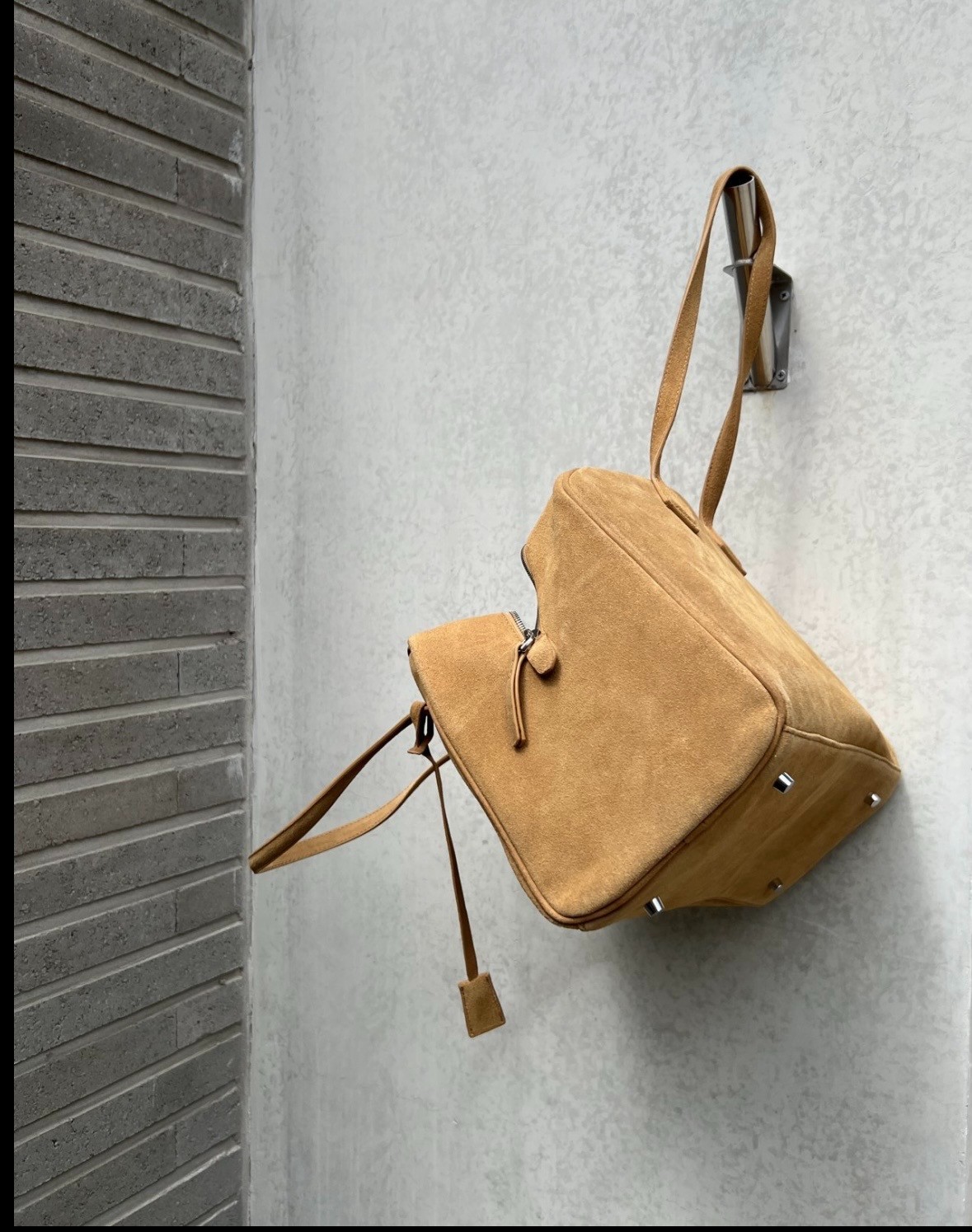 Genuine Cowhide Suede Leather Camel Shoulder Bag Minimal Classic 33cm