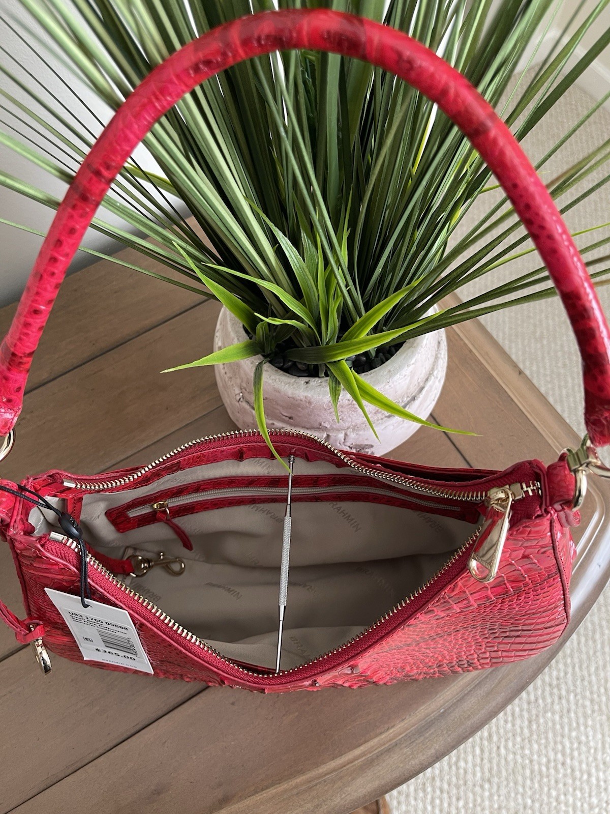 Brahmin Small Red Croc Embossed Zip Top Shoulder Hobo Bag Gold Hardware