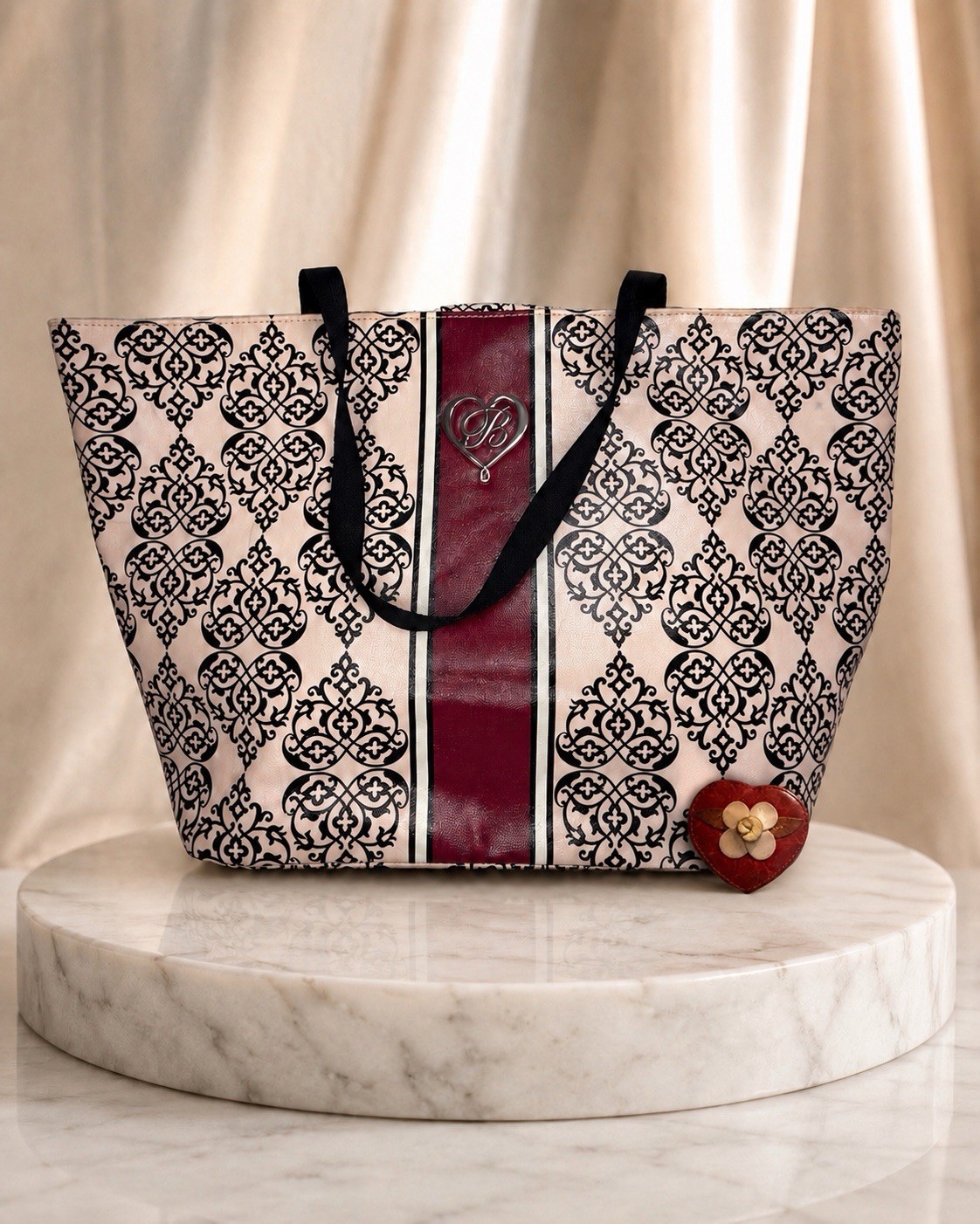 Brighton Large Damask Tote Bag Cream Black Burgundy + Vintage Leather Mirror