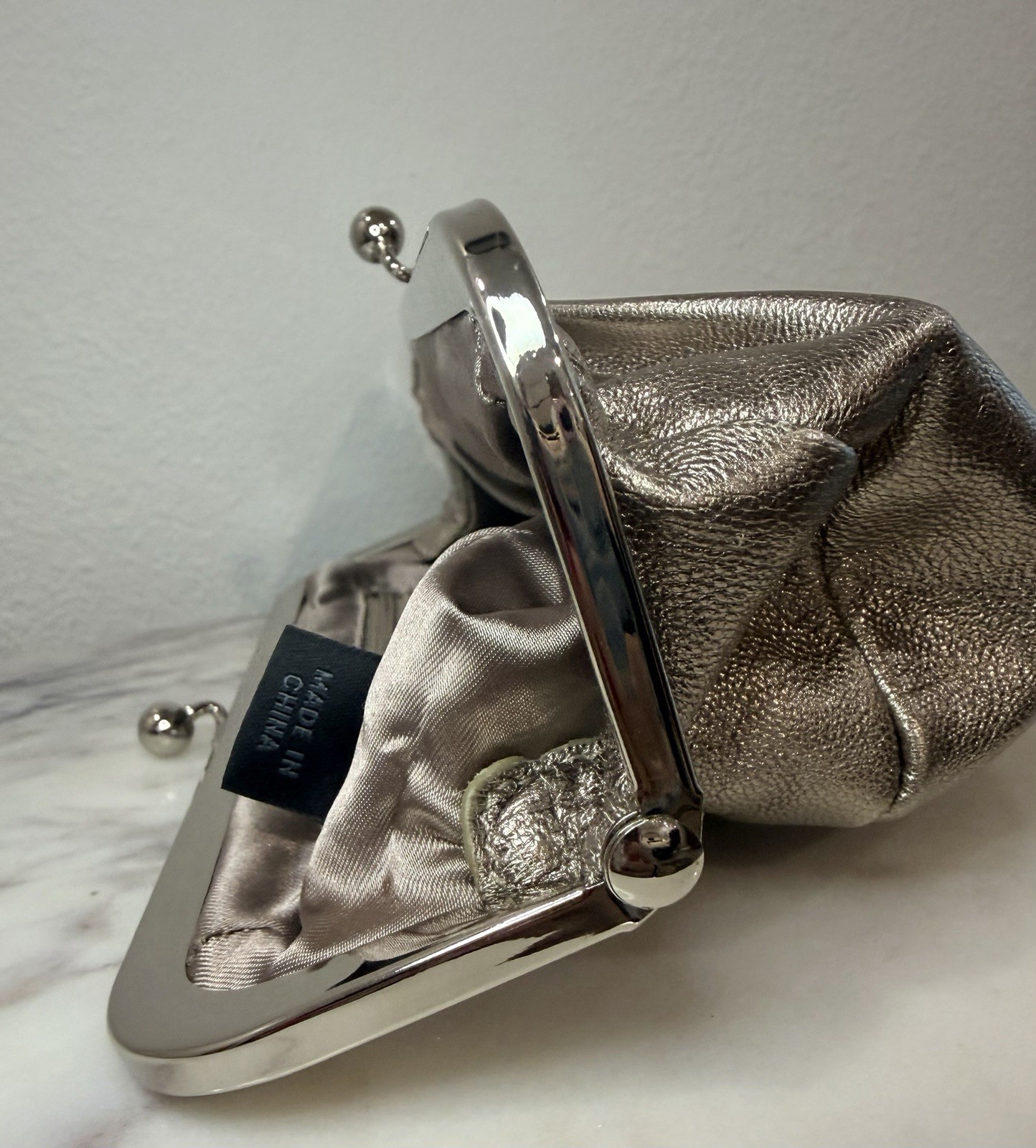 Express Metallic Silver Kiss Lock Pleated Clutch, Lined w/ Inner Pockets
