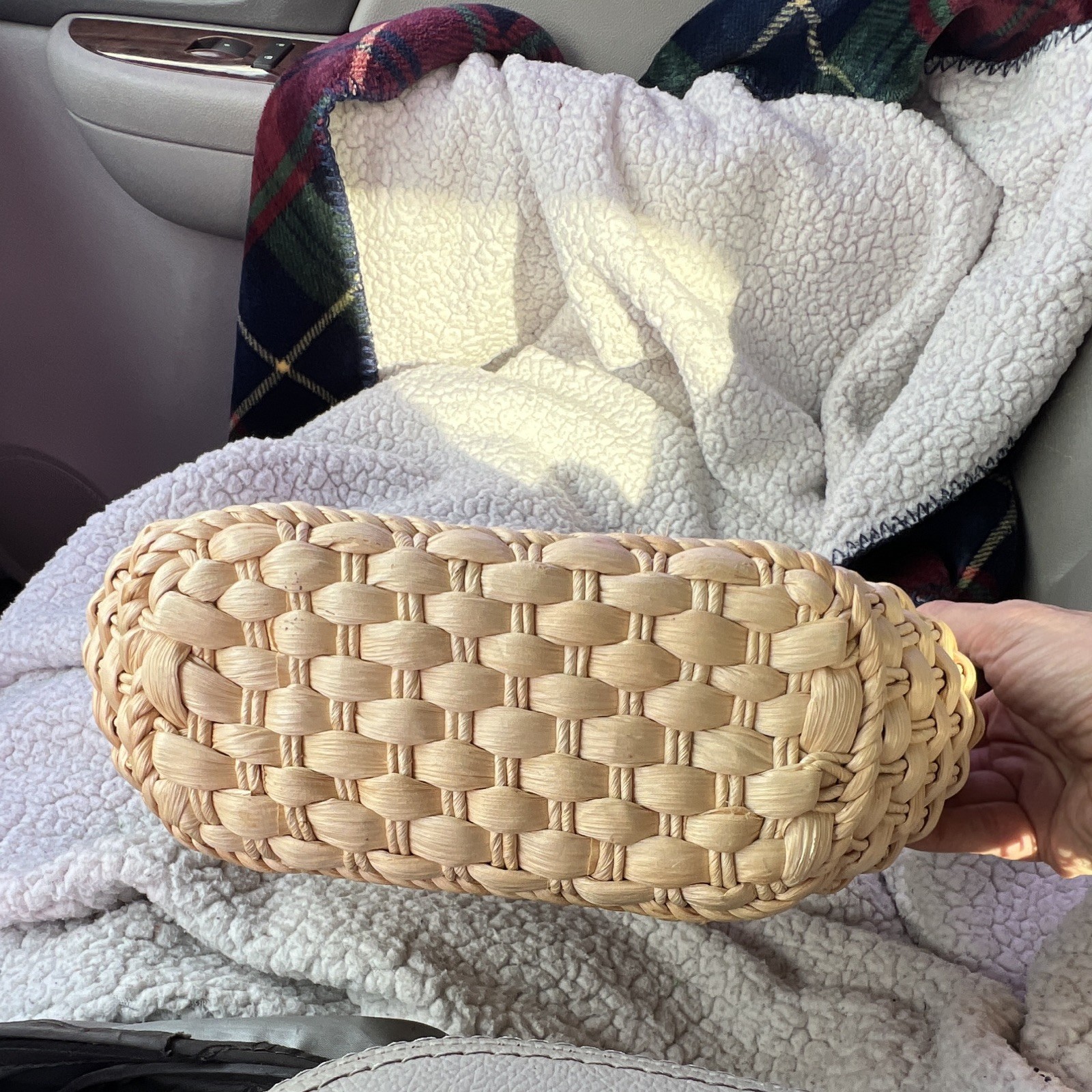 Women’s Beige/Black Woven Wicker Top Handle Bag Black Leather Handle Gingham